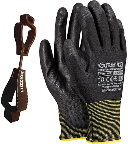 FUZZIO 24 Paar Arbeitshandschuhe Herren Gr 10, Mechaniker Handschuhe, Gartenhandschuhe Herren, Arbeitshandschuhe Damen, Montagehandschuhe Herren, Polyurethan Beschichtung mit Handschuhclip