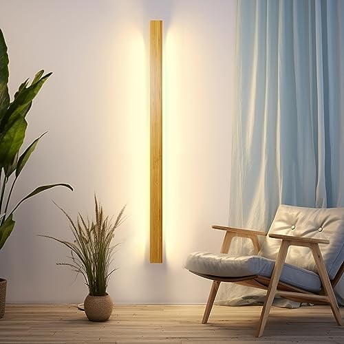 Holz Wandleuchte LED Wandlampe innen Bambus Holz Lange Wandlampe Warmweiß 31W 3000k holzlampe Modern Wandbeleuchtung Für Schlafzimmer Wohnzimmer Flur Treppenhaus Innenbeleuchtung Wandlampen,100cm