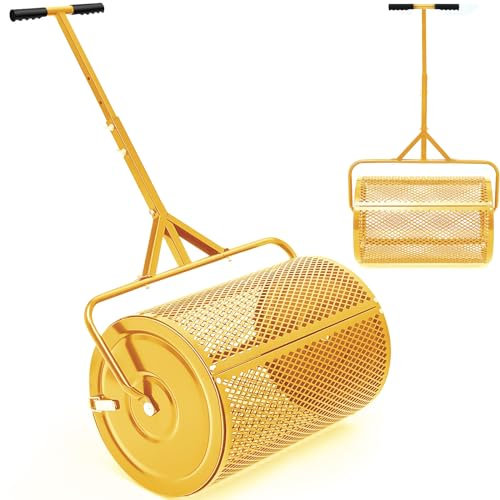 Hiboom Peat Moss Compost Spreader for Lawn Garden, Top Soil, Dirt, Roller Seed Drop Spreaders with Adjustable T Shaped Handle Lightweight Metal Mesh Push Spreader for Yard (Gold,15.7 x 24 Inch)