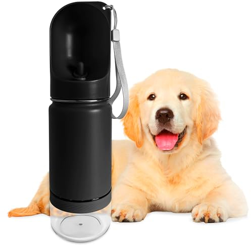 Hundetrinkflasche - Trinkflasche für Hunde 2-in-1, 350 ml, 100% BPA-frei und Tragbar, mit 100g Futterbehälter - Ideal für Unterwegs mit Haustieren (Schwarz)