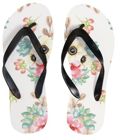 Infradito estive con fiori e piante grasse, acquerello, sandali infradito da spiaggia, comodi e leggeri, pantofole piatte per interni ed esterni, Fiori Piante Grasse Acquerello, large