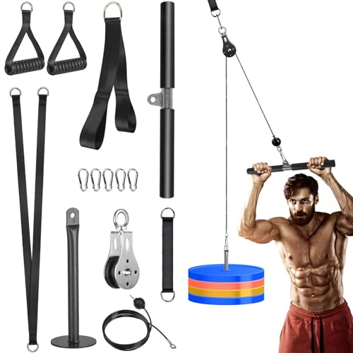 Lyndwin Poulie Musculation, 3 en 1 Muscu Machine kit Poulie de Tirage Musculation Maison avec Mousse Barre Poignet, Appareil Fitness Accessoire pour Triceps Biceps Bras Poitrine Dos
