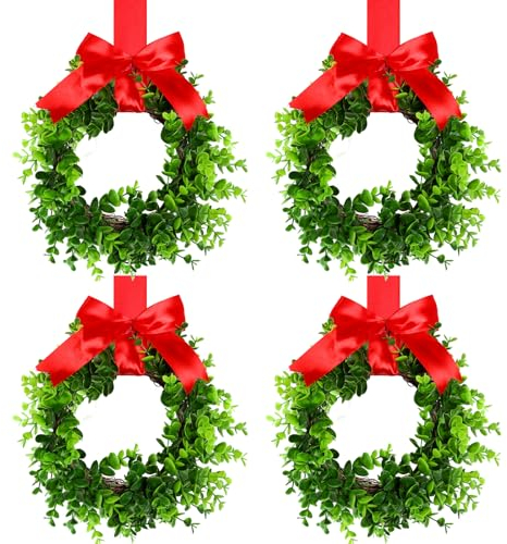 Jexine 4 Stück Küchenschrank-Kränze mit rotem Band, Mini-Hängegirlanden, kleine Hochzeit, künstliche Grünkränze, Schranktüren, Kranz, Fensterkränze für Haustür, Fenster, Stuhl, Wand