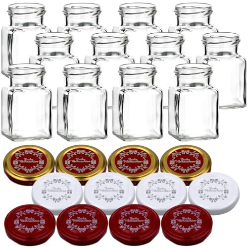 gouveo 12er Set Einmachgläser 150 ml mit Schraubverschluss Weihnachten Set 7 - Eckige Gläser mit farbigen Motiv-Deckel - Schraubglas für Weihnachten