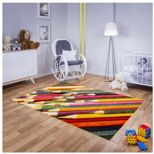 Teppich für Kinderzimmer Bunt Kinderteppich 80 cm x 150 cm mit Schule Motiv, Babyteppich für Mädchen und Jungen