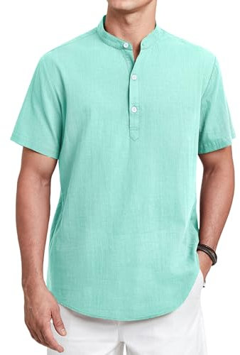 Enlision Chemise Homme Manches Courtes en Lin Col Mao Chemises Été Hommes Leger Chemisette de Plage Classique Casual Henley Shirt Vert Menthe XL