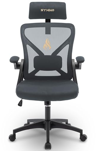 symino Bürostuhl, Schreibtischstuhl, Drehstuhl Ergonomischer mit Verstellbarer Kopfstütze, Armlehnen, Lordosenstütze, drehbare Wippfunktion, Netzstuhl, rückenschonend, Bürostuhl 150 kg,Grau