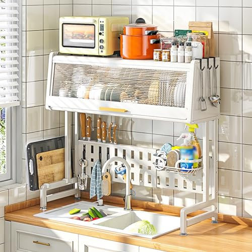 3 étages au-dessus de l'évier Égouttoir avec couvercle Longueur extensible 58 à 83 cm Grand bac d'égouttement Cuisine Rangement Counter Organisateur Design encliquetable pour la vaisselle, les verres