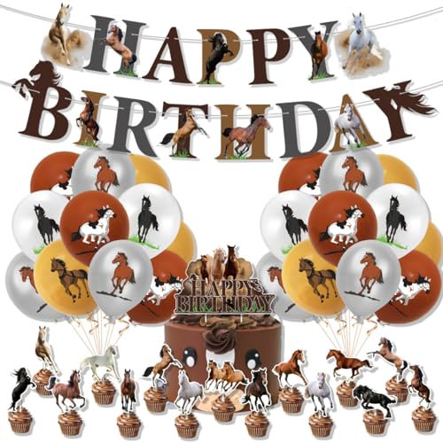 Rennpferd, Cowboy-Stil Geburtstag Party Dekoration Set, Wild Sports Birthday Scene Setup, enthält Pferd Ballons + Banner + Kuchen Dekoration