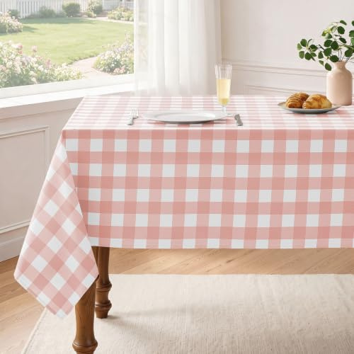 Veblandy Tovaglia quadrata a quadretti, impermeabile, lavabile, a quadretti, senza pieghe, per cucina, sala da pranzo e picnic all'aperto, 152 x 152 cm, rosa e bianco