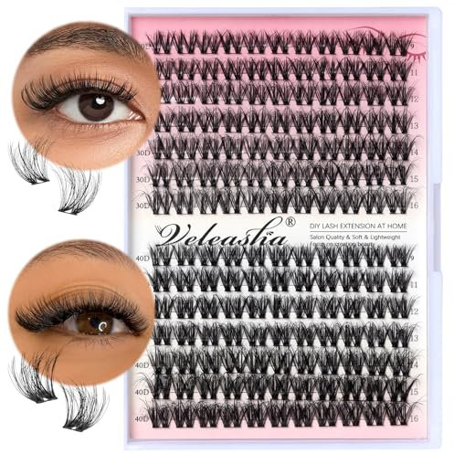 Veleasha Wimpern Extension 154PCS Wimpernbüschel Einzelwimpern 9-16MIX Wimpernbüschel D Curl Wimpernbüschel Cluster Wimpernverlängerung DIY Wimpernverlängerung zu Hause(9-16MIX)