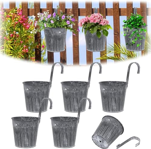 Esshogo 5 piezas balcón macetas colgantes para plantas flores maceta colgante hierbas, cubo de flores de hierro con gancho, plantas artificiales decorativas vintage, cubo suculenta, impresión en
