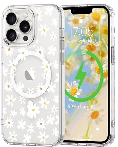 L-FADNUT Magnetic for iPhone 13 Pro Max Case, Compatible with Magsafe Floral Pattern Design, Clear Girly Flower Cover Slim Bumper Shockproof Protective Phone Case for iPhone 13 Pro Max White