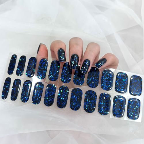 Blue Glitter Black Semi Cured Gel Nails Strips 22 Stickers Nail Wraps Soft Self-Adhesive Gel Nail Stickers Salon-Quality Gel Nail Strips Require UV/LED Lamp