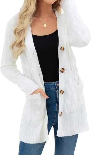 Aottori Strickjacke Damen Lang Elegant Grobstrick Cardigan Langarm Open Front Strickcardigan Herbst Winter Casual Strickmantel mit Knöpfen und Taschen Weiß XXL