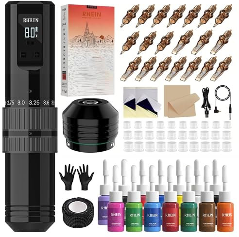 RHEIN Cordless Machine Set with 1400mAh Battery, 7 Adjustable Strokes, 14 Ink Set, 20 Pack, Complete Accessories for Professional Artists and Beginners RNE40KIT-1