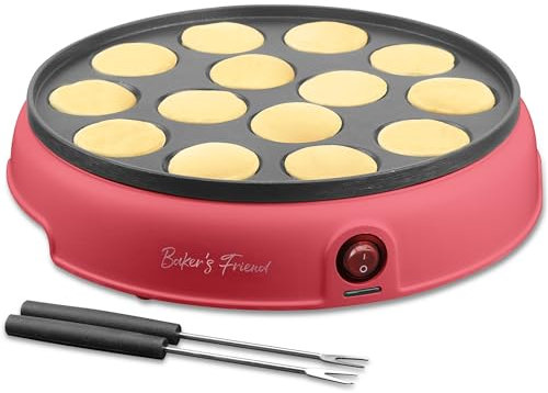 Baker's Friend Mini Pancake Maker, Mini Dutch Pancake Griddle, 14 Hole Electric Frying Pan, Great for Breakfast, Snacks, Desserts and More, Red