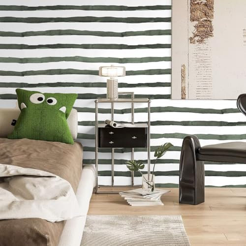 FENTIS Dunkelgrün Breite Streifen Effekt Selbstklebende Tapete Weiß Abziehen und Aufkleben Kontaktpapier Klebrige Rückseite Plastik Wandaufkleber Rollen für Küche Schrank Wasserdicht 44.5x500cm