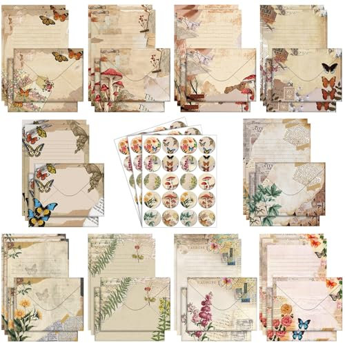 TaoBary 160-teiliges Schreibwarenpapier-Set, 50 doppelseitige Schreibwarenpapiere mit 50 passenden Umschlägen und 60 runden Punkt-Aufklebern, 10 Designs (Natur-Vintage-Stil, 14 x 21 cm)