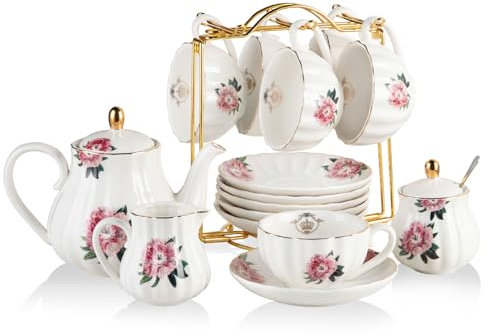Sweejar Home Porcelain Tea Sets British Royal Series,Cups and Saucer Service for 6, with Teapot Cream Pitcher Teaspoons and Tea Strainer, Suitable for High Tea, Wedding, Party(Pink flowerA)