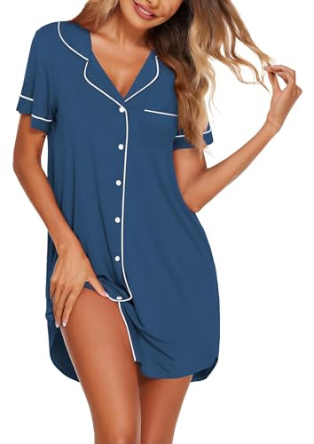 Ekouaer Nighties for Women Button Down Nightdress, 8-Dark Navy, XL