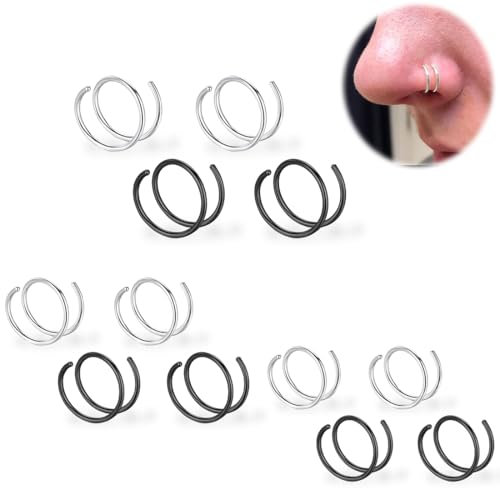 OQKAHIV 12 Stück Piercing-Nasenring, Schwarz-Silber-Piercing-Septum-Ohrpiercing, Chirurgenstahl-Septum-Piercing-Nasenring, Piercing-Helix-Nasenohrring, Nasenloch-Piercing-Tragus-Muschel