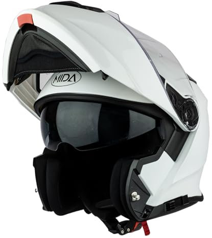 MIDA MV-2 Flip Up Front Sun Visor Modular Motorcycle Motorbike Helmet ECE 2206 Approved (Gloss White, L)