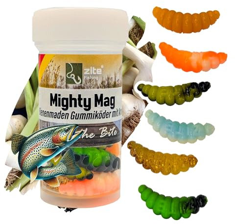 Zite Fishing Mighty Mag Mix 12 STK - Bienenmaden Imitat Forellenköder 2,8cm – Gummiköder Forellen-Angeln - Phthalatfrei mit Aroma (Allround Knoblauch)