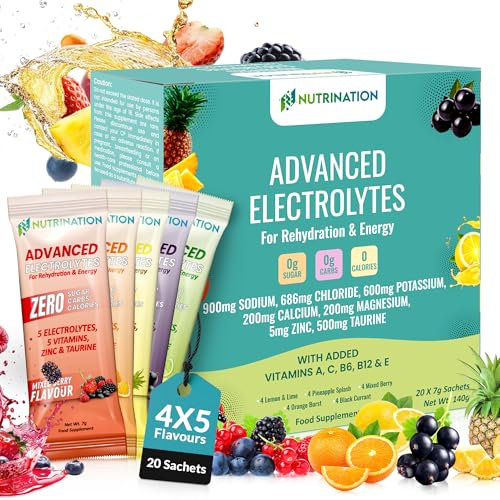Advanced Electrolytes Sachets – High Strength Hydration Sachets with 5 Electrolytes, 5 Essential Vitamins & 500mg Taurine for Energy Support – Zero Sugar, Zero Calories – Variety Pack of 20