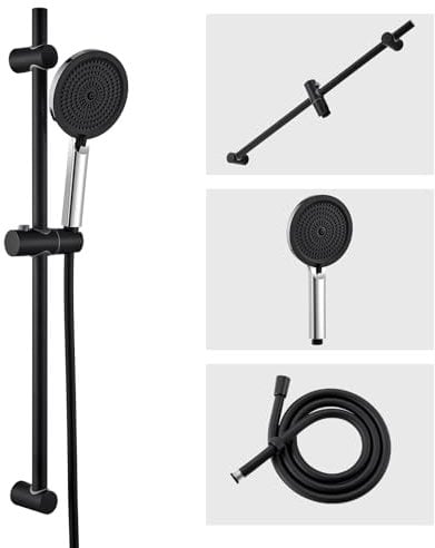 Auralum Asta Doccia con Soffione,Set Doccia con Asta Doccia Saliscendi in acciaio inox(70cm),Inox Tubo Flessibile (150cm) e Soffione (4 Funzioni,12.7cm) con Supporto,Nero