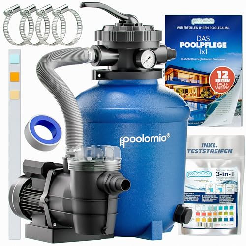 poolomio® Filtre à sable pour piscine jusqu'à 35 000 l avec préfiltre | Chaudière à filtre à sable en polyéthylène haute densité Ø 330 mm & pompe de filtration auto-amorçante 10 m³/h | Filtre de pompe