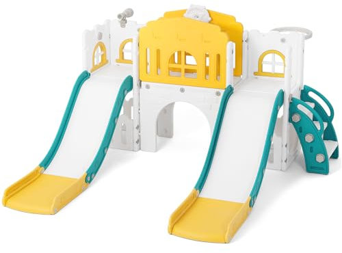 9 in 1 Kids Slide, Toddler Slide, Garden Climbing Frame with Double Slides, Basketball Hoop, Tunnel, Telescope, Storage Space, Indoor Outdoor Playground Playset, Kids Gift for Age 1-3+