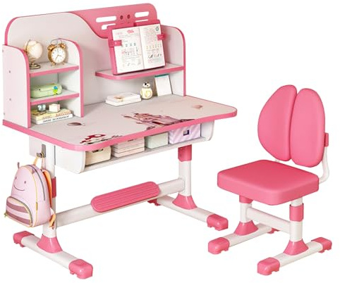 yoakaiax Kinder-Schreibtisch und Stuhl-Set, höhenverstellbar, Kinderschreibtisch mit Astronautenmuster, ergonomischer Kinderschreibtisch mit großem Schreibbrett, Bücherregal und Schublade, Rosa