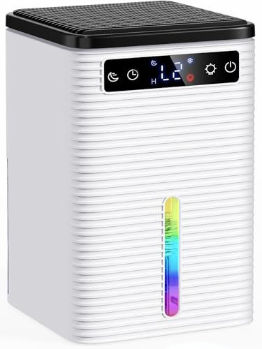 Deshumidificateur d Air 2200ML, Déshumidificateur Electrique Portable Ultra Silencieux pour Salle de Bain, Chambres, Arrêt Automatique, Minuterie 2-12H, Lumière LED 7 Couleurs, Fonction de Dégivrage