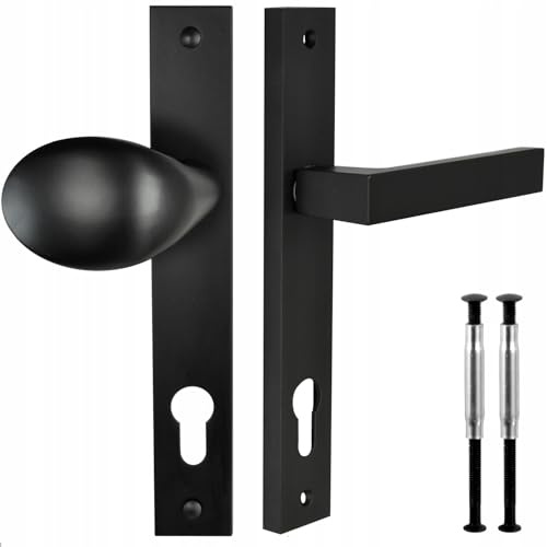 ALSTEN TECH Türbeschlag Drückergarnitur Türgriff Langschild Aluminiumguss Mattschwarz PZ 92 mm Abstand 195 mm Klinke rechts Knauf links für Außentüren Gartentore Hoftüren