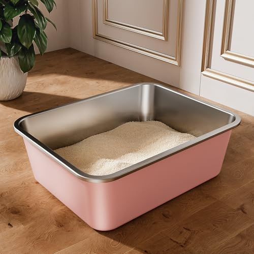 Edelstahl Katzenklo, Große Katzentoilette, XXL Katzentoilette Edelstahl Offen, Metall Katzenklo für Katzen Aller Größen Kaninchen, Antihaftbeschichtet, Leicht zu Reinigen (Rosa, 45x35x15cm)