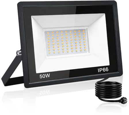 ZCLIKEU LED Strahler Außen 50W Warmweiß, IP66 Wasserdicht LED Fluter mit Stecker Superhell Scheinwerfer für Garten Garage Sportplatz Hof Fluter