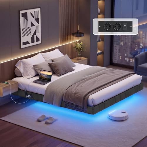 VASAGLE Bettgestell 180 x 200 cm, schwebender Effekt, LED-Beleuchtung | schwebender Effekt, integrierte Ladestation, LED-Beleuchtung, bis 500 kg belastbar RMB168G101