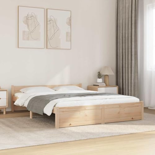 Runheo Massivholzbett 135x190 cm Kiefernholz, unbehandeltes Doppelbett mit stabilem Holzrahmen, rustikale Optik für Schlafzimmer, bequemes Kopfteil