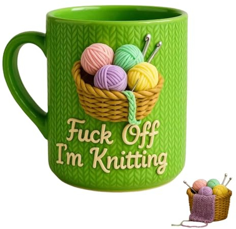 JIchuansnli Fuck Off I'm Knitting Mug, 11oz Sarcastic Ceramic Cup with 2D Yarn Basket Design, Funny Coffee Mug Tea Cup, Microwave & Dishwasher Safe, for Home Office Decor
