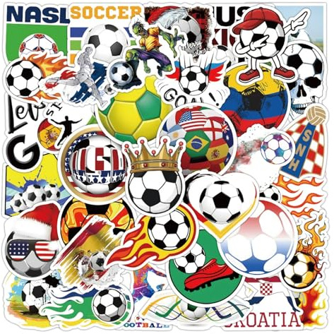 ZingBox 50 Stück Fußball Sticker Set, Groß 5cm Wasserdicht Fussball Aufkleber, Bunt Fussballs Sticker Kinder, Aufkleber Fussball Deko Geburtstag,Stickers Fußball Geburtstagsdeko für Mitgebsel & Laptop