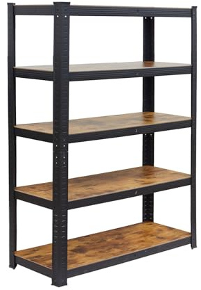 Relaxdays Étagère Charges Lourdes en Acier/MDF, 500 kg, 200 x 100 x 40 cm, 5 Niveaux Aspect Bois, Noir/Marron