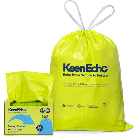 KeenEcho 5L Drawstring Bin Liners, Ocean Fishing Nets Upcycling, Sea Salt Scented, Plastic Bin Bags 120 Pack, Waste Bag for Kitchen, Bathroom, Office and Pets