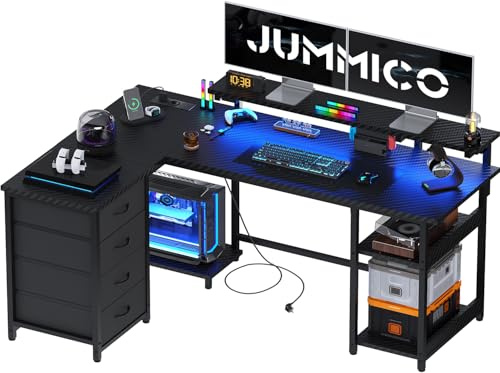 JUMMICO 155cm L‑Shaped Gaming Desk with Monitor Shelf & Power Outlets, Reversible Corner Computer Desk with Drawers & Storage Shelves for Home Office, Sturdy Steel Frame with LED Lights, Carbon Black