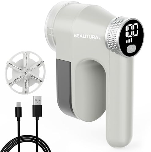 BEAUTURAL Leva Pelucchi Elettronico Portatile Ricaricabile USB-C | Display LED Digitale, 3 Velocità Regolabili, 6 Lame a Stella, Rimuove palline da vestiti, maglioni, divani, mobili e coperte
