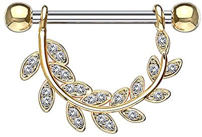 Piercingfaktor Piercing Brustwarzenpiercing Intimpiercing Hantel Barbell Brust Intim Nippel mit Kristall Anhänger filigran Blatt Gold