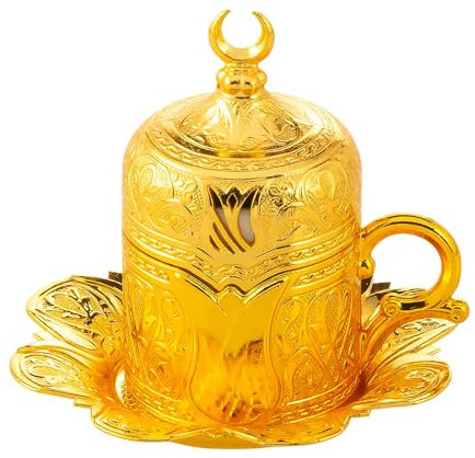 DEMMEX Turkish Greek Arabic Coffee Cup – 2.5oz Porcelain Cup, Heavy-Duty Zamak Metal Holder, Lid & Saucer, Tulip Engraved Fincan, Ottoman-Style, Authentic Gift for Espresso & Coffee Lovers