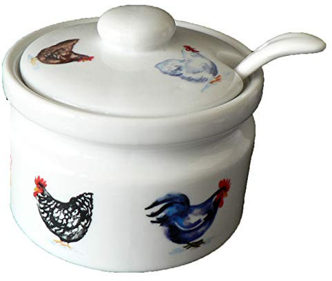 Chicken ceramic preserve pot & spoon Porcelain jam pot decorated all round with different chickens, cockerels hens