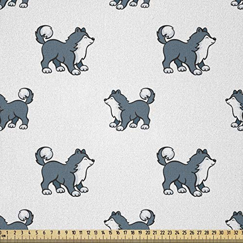 ABAKUHAUS Hundeliebhaber Stoff als Meterware, Sibirischer Husky-Welpe, Microfaser Stoff für Dekoratives Basteln, 1M (148x100cm), Blau Grau Weiß Schwarz