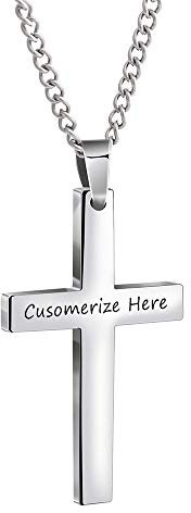 Bliqniq Christian Cross Pendant Necklace for Men Women Black Silver Rose Gold Stainless Steel Personalized Name Text Customized Available Free Engraving